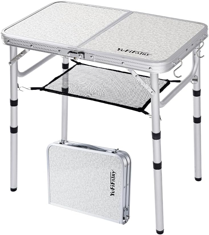 Small Folding Table with Mesh Layer, 3 Adjustable Heights Aluminum Lightweight Portable Folding Table with Extension Legs, Camping Table for RV, Picnic and Indoor