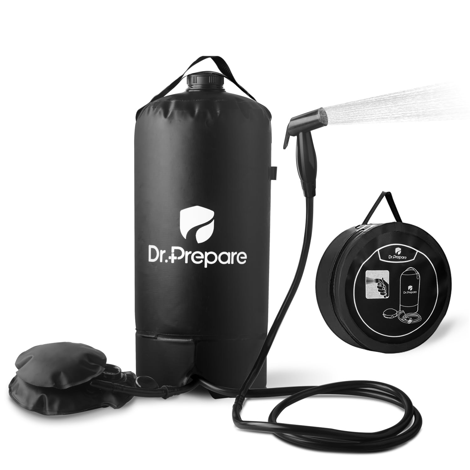 Black PVC Portable Camping Shower with Foot Pump, 5 Gallons