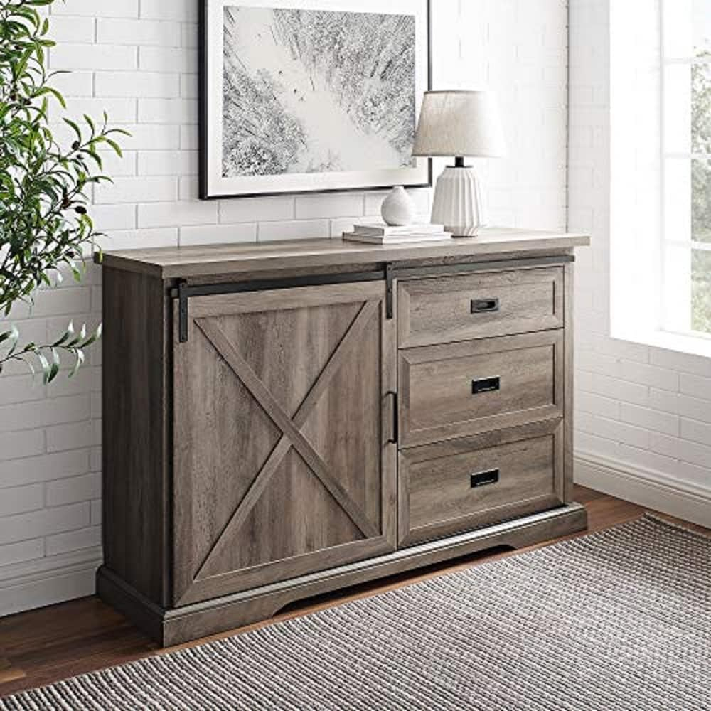 Walker Edison Modern Farmhouse Wood Sliding X Barn Door Buffet Sideboard Living Room Entryway Serving Storage Cabinet Doors-Dining Room Console, 56 Inch, White and Rustic Oak