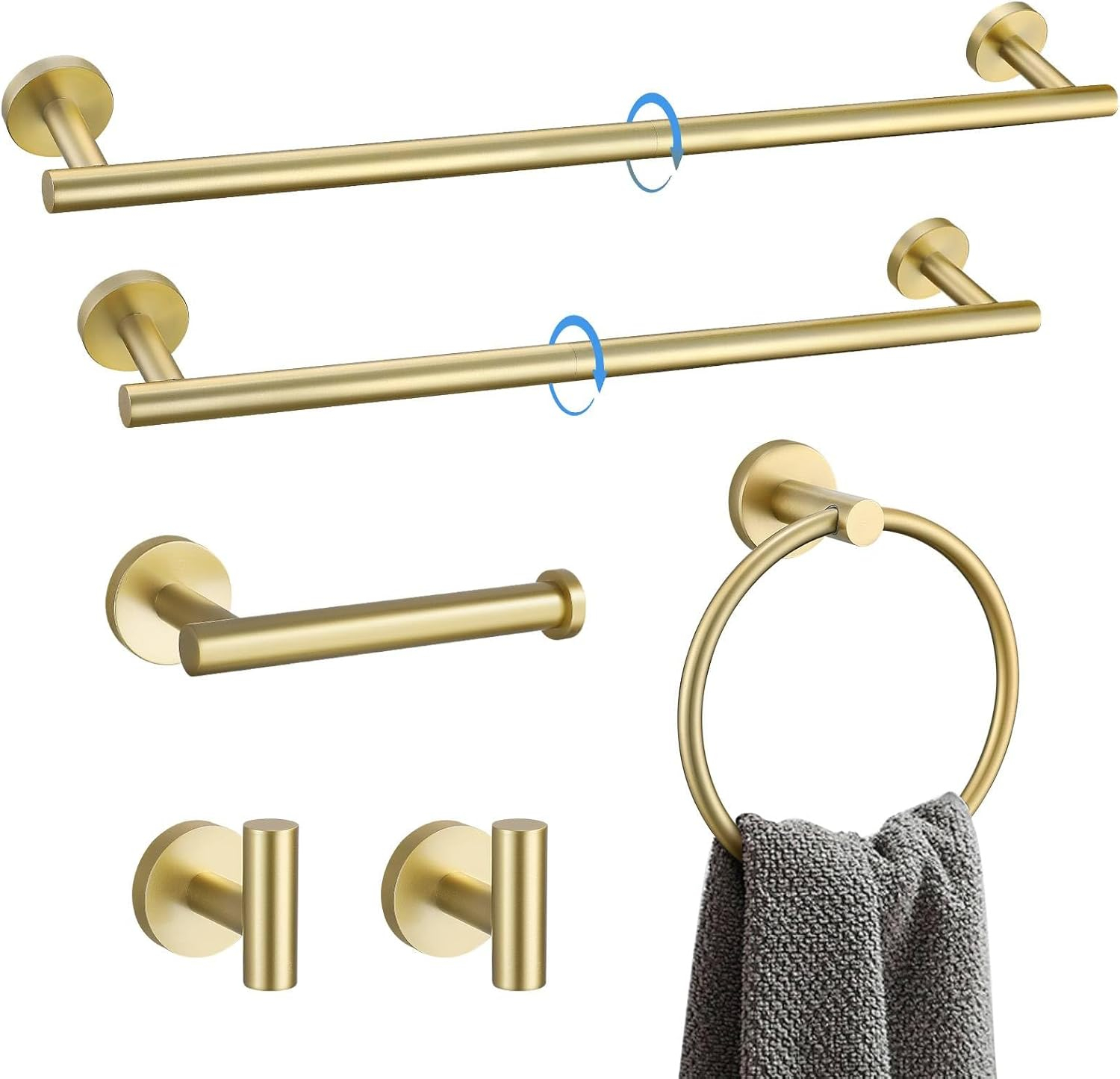 Bathroom Towel Holder Set, 6 Pieces Brushed Gold Towel Bar Bathroom Hardware Accessories Set, SUS304 Stainless Steel Towel Rack Towel Ring Toilet Paper Holder Set Wall Mounted
