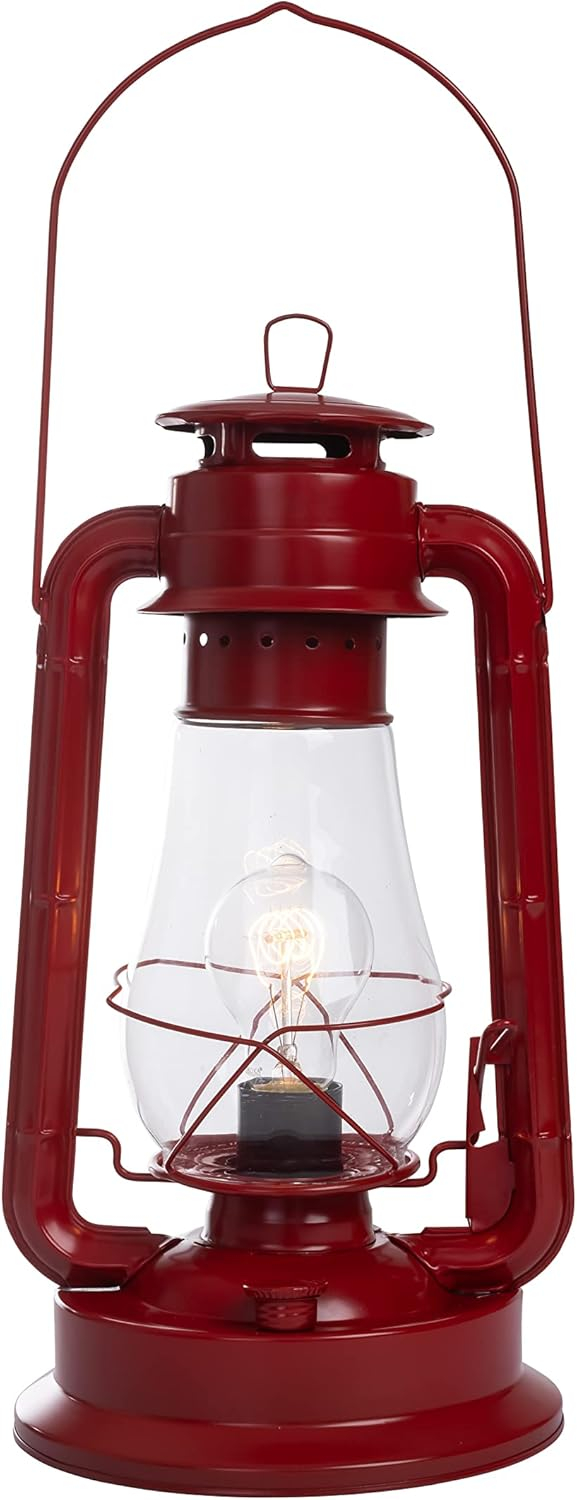 Lámpara de Mesa con Linterna Eléctrica para Dormitorios para Darle un Aspecto de Granja Perfecto de 16 Pulgadas de Alto con Vidrio de Huracán Grande y Atenuador de Cable en Línea y Acabado Rojo Rústico Vintage Estilo Edison