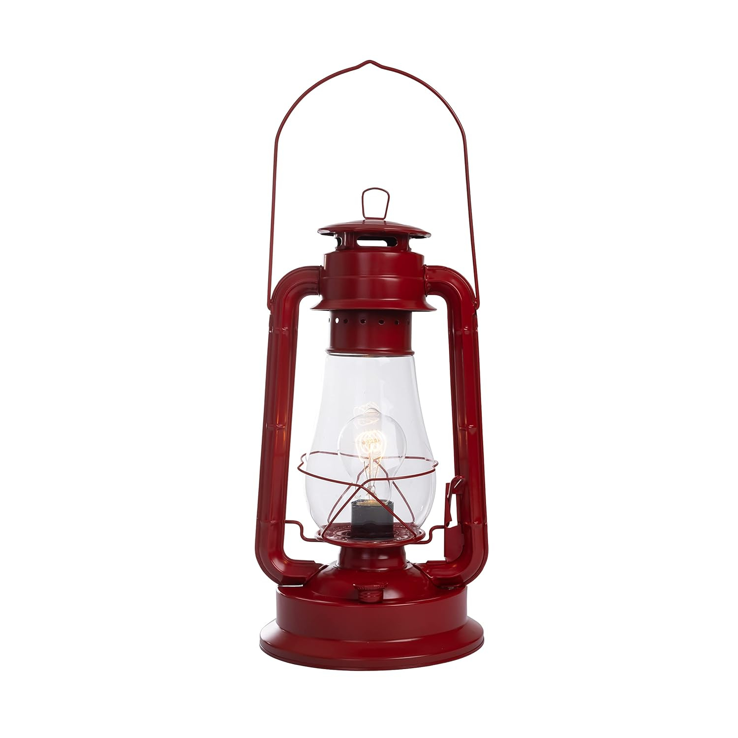 Lámpara de Mesa con Linterna Eléctrica para Dormitorios para Darle un Aspecto de Granja Perfecto de 16 Pulgadas de Alto con Vidrio de Huracán Grande y Atenuador de Cable en Línea y Acabado Rojo Rústico Vintage Estilo Edison