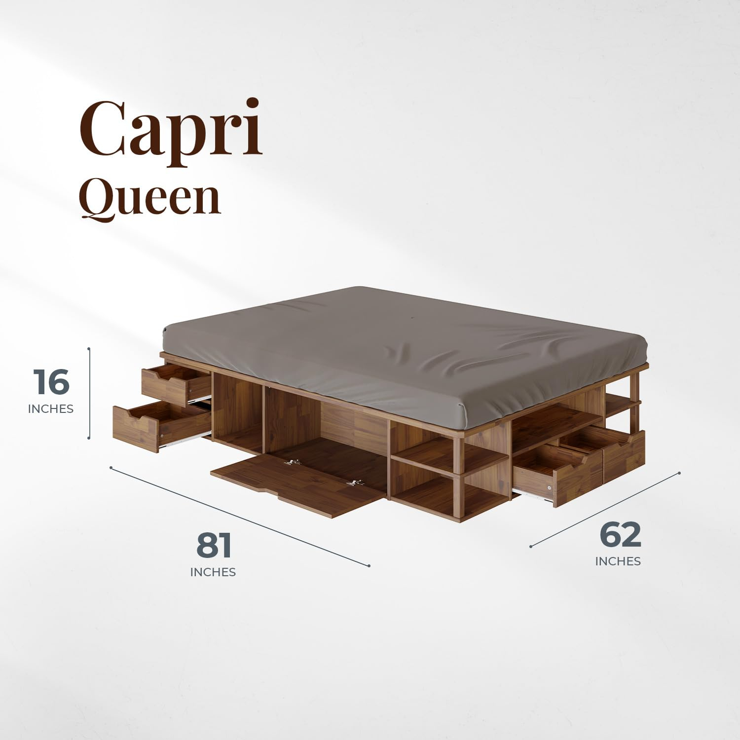 LETTO Capri Queen Size Wood Platform Storage Bed Frame with Drawers and Built-in Shelves, Storage Platform Bed Great for Couples Room Organization, Solid Wood Bed, Smooth Finish (Golden Brown)