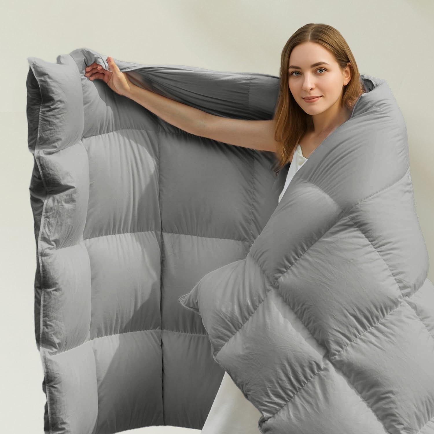 WarmKiss Queen Size Goose Feather Down Comforter – Ultra-Soft 100% Cotton Cover, Moisture-Wicking, Natural Kapok Fill, 46oz Medium Warmth, All-Season Fluffy Duvet Insert (90x90, Grey)