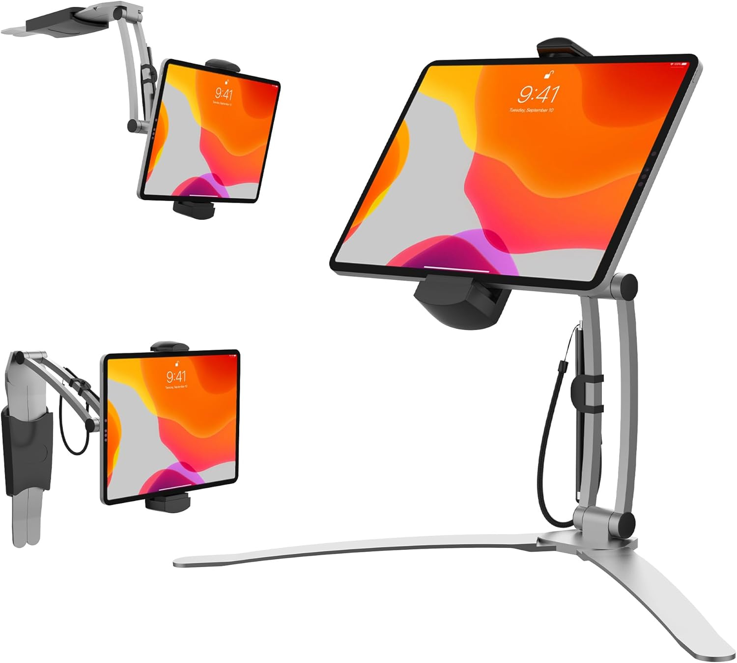3-in-1 Mount Stand – CTA Multi-Flex Tablet Base and Support Installs on Walls or Folds for iPad 10th Gen 10.9" - 7/8/9 Gen 10.2” - Air 4 - Pro 11” - Galaxy Tab S3 - Silver (PAD-KMSB)