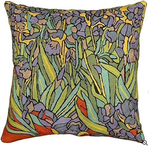 Hand Embroidered Van Gogh Irises Wool Pillow Cover 18x18