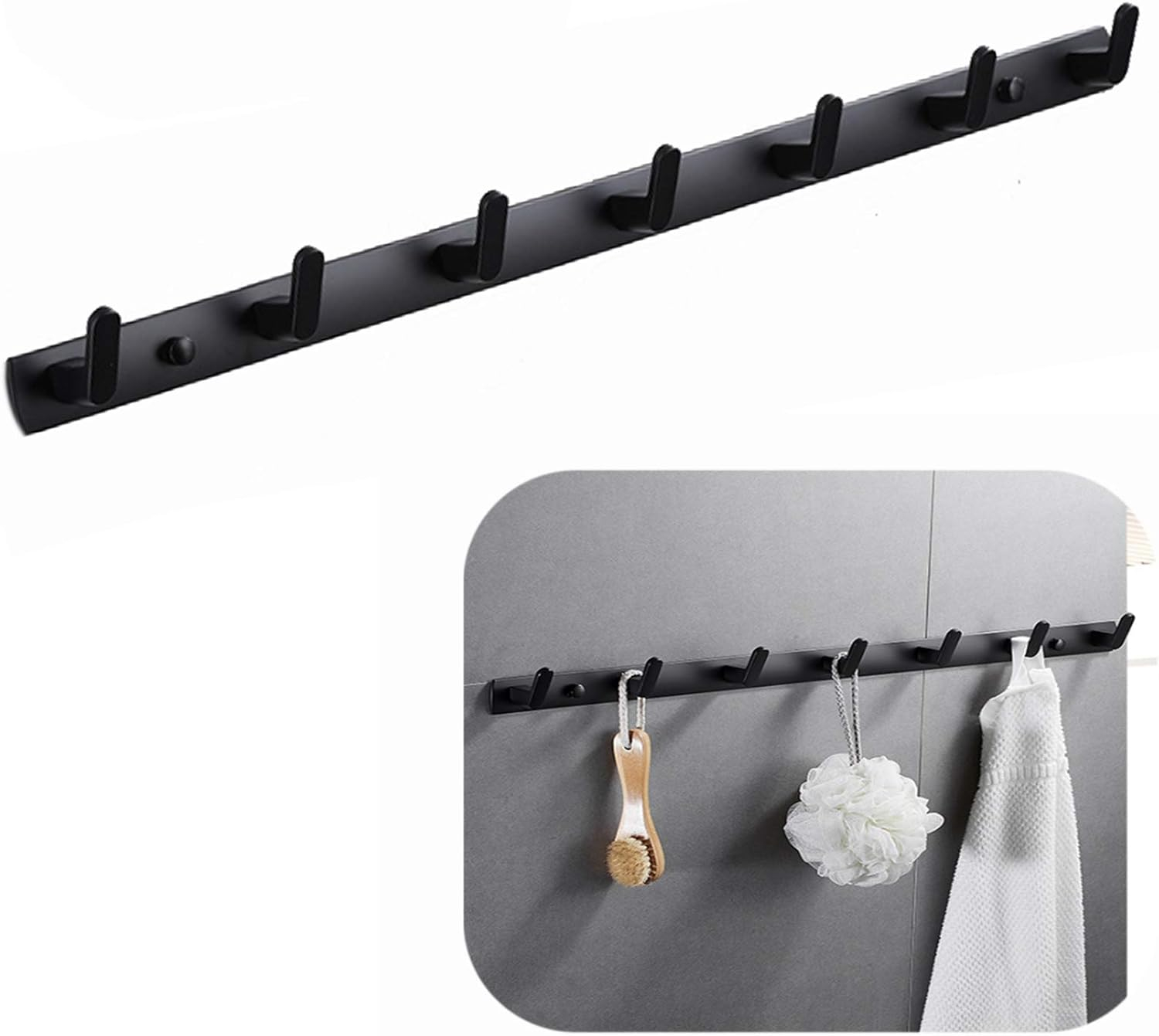 Wall Mounted Coat Racks with 7 Hooks Hanging Holder Towel Rack 25.7"x1.3" Modern Black Hanging for Clothes Entryway Bathroom (7 Hooks)