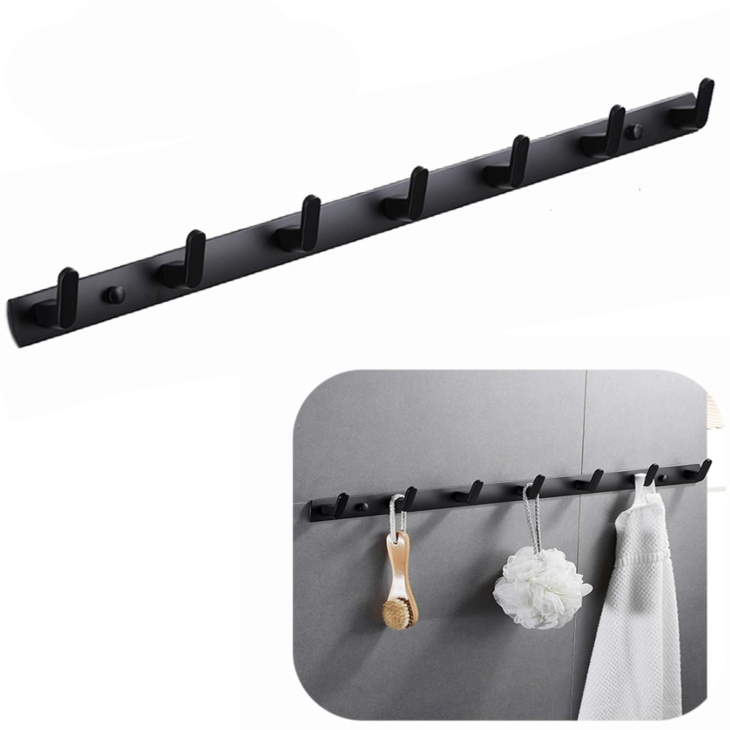 Wall Mounted Coat Racks with 7 Hooks Hanging Holder Towel Rack 25.7"x1.3" Modern Black Hanging for Clothes Entryway Bathroom (7 Hooks)