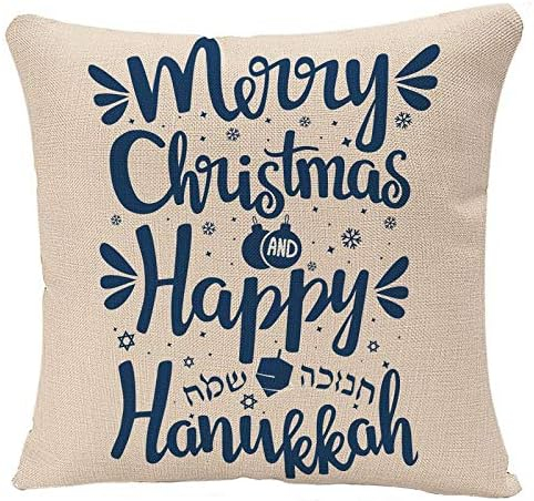Throw Pillow Covers Festival Hand Written Lettering with Text Happy Hanukkah and Merry Christmas Hanuka Pillow Case 18x18 Inch Square Cushion Cover Pillowcase