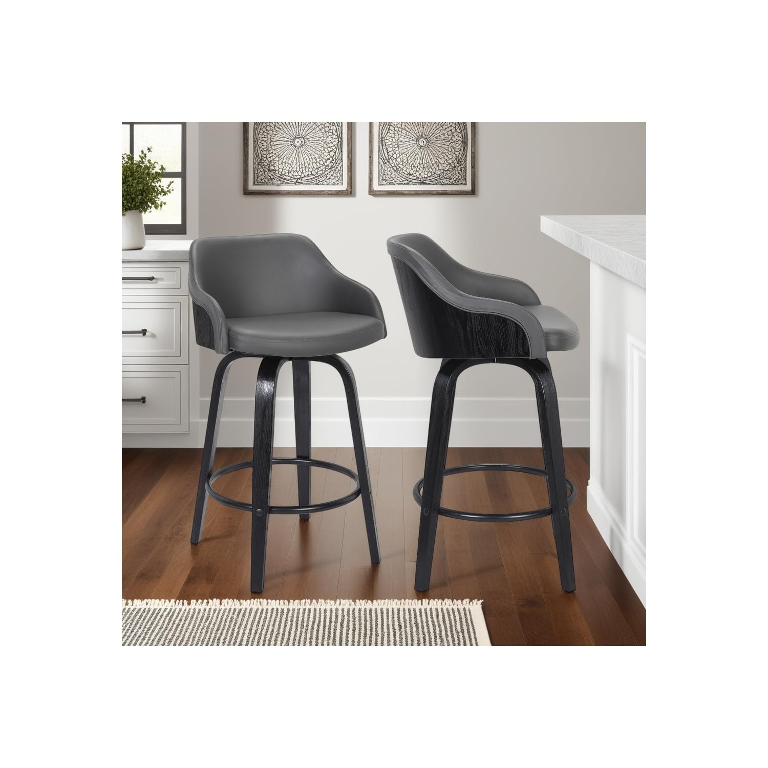 Mid Century Modern Swivel Chair in Black Leather and Gray Metal