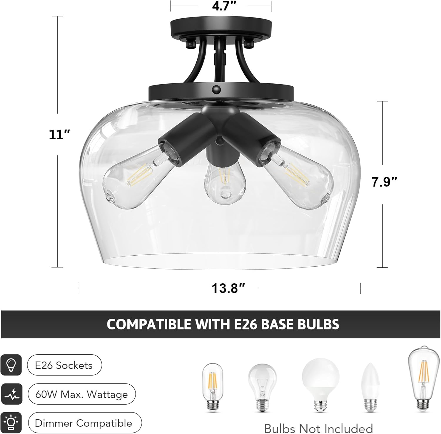 VONLUCE Semi Flush Mount Ceiling Light, 3-Bulb Black Ceiling Light Fixture with Clear Glass Shade, 13.8" Industrial Ceiling Light Fixture for Hallway Foyer Kitchen Entryway Bedroom, E26 Base