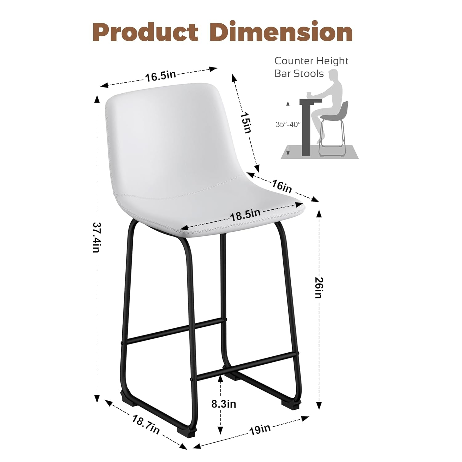 Bar Stools Set of 2, 26inches Counter Height Barstools with Back, Modern Bar Stool for Kitchens Island, Faux Leather Bar Chairs with Metal Legs and Footrest (White)