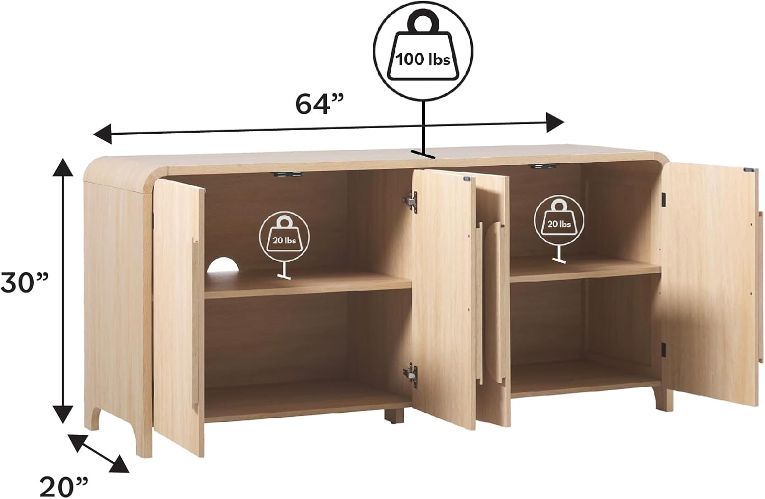 Walker Edison Modern 64" Sideboard with Rounded Edges, Coastal Oak