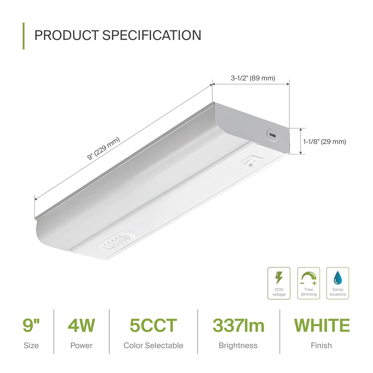9-Inch LED Under Cabinet Light with On/Off Switch, 5 Color Selectable