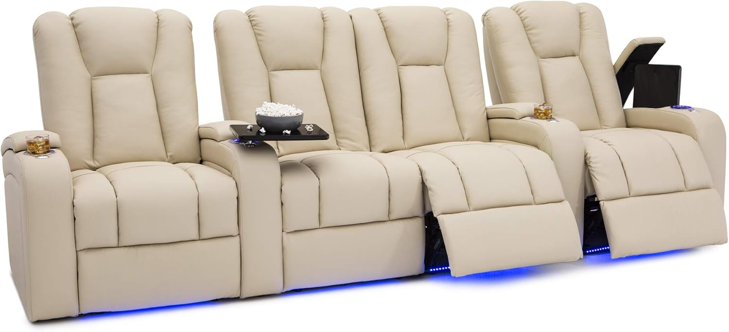 Seatcraft Serenity Italian Leather Home Theater Seating - Living Room - Power Recline - Tray Tables - in-Arm Storage - Ambient Base Lighting and Lighted Cupholders (Row of 4 Middle Loveseat, Cream)