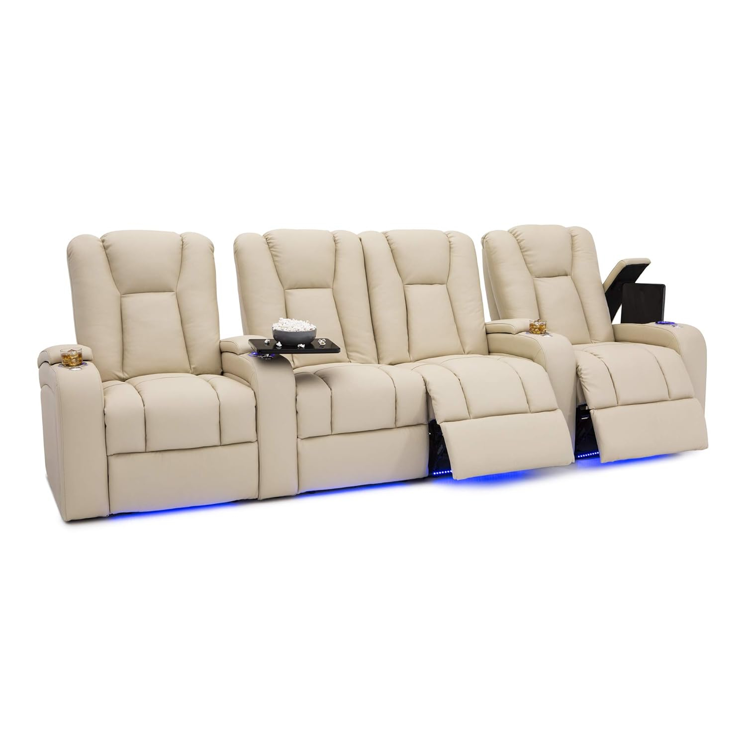 Seatcraft Serenity Italian Leather Home Theater Seating - Living Room - Power Recline - Tray Tables - in-Arm Storage - Ambient Base Lighting and Lighted Cupholders (Row of 4 Middle Loveseat, Cream)