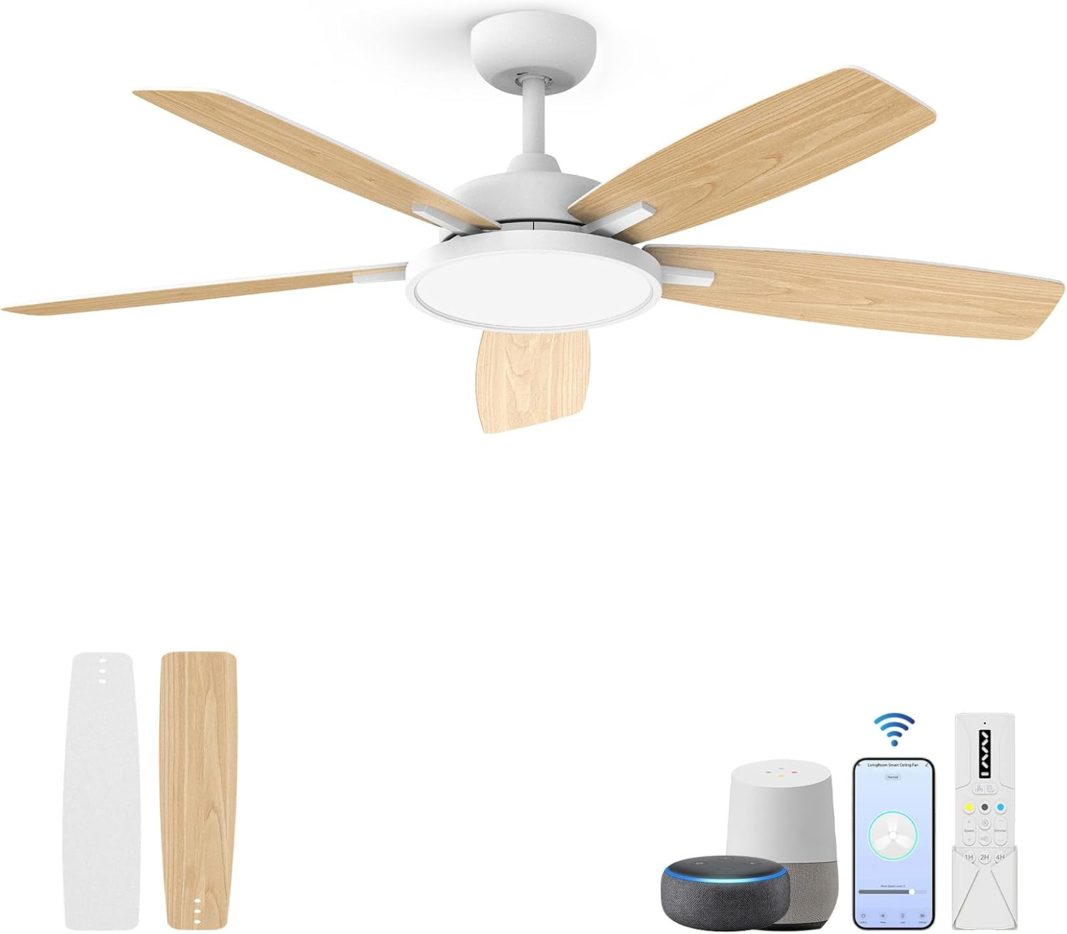 T5 52 in. Smart Indoor White Ceiling Fan with Dimmable LED Light Compatible with Google Home Alexa App Control