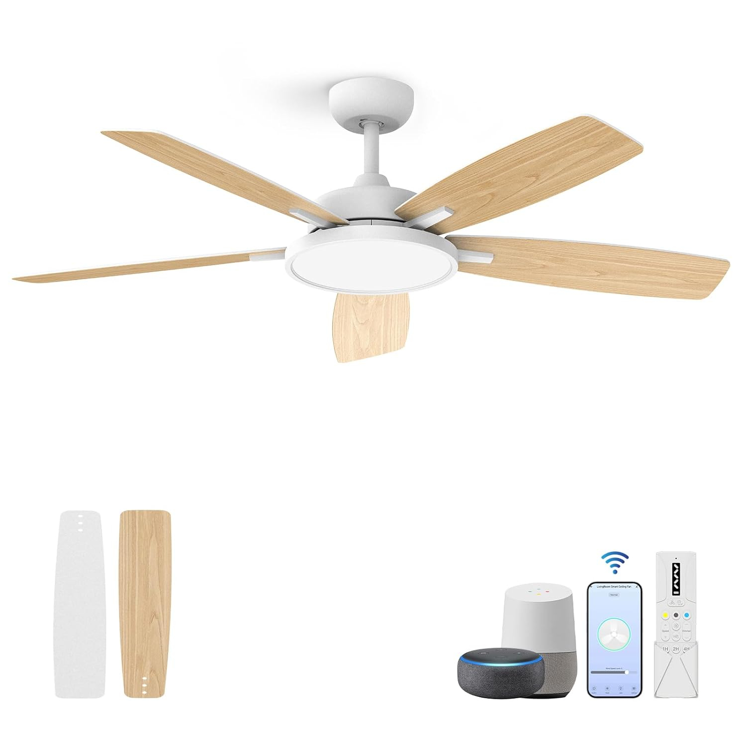 T5 52 in. Smart Indoor White Ceiling Fan with Dimmable LED Light Compatible with Google Home Alexa App Control