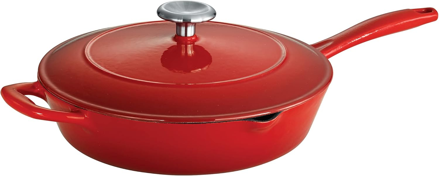 10-Inch Red Enameled Cast Iron Skillet with Lid