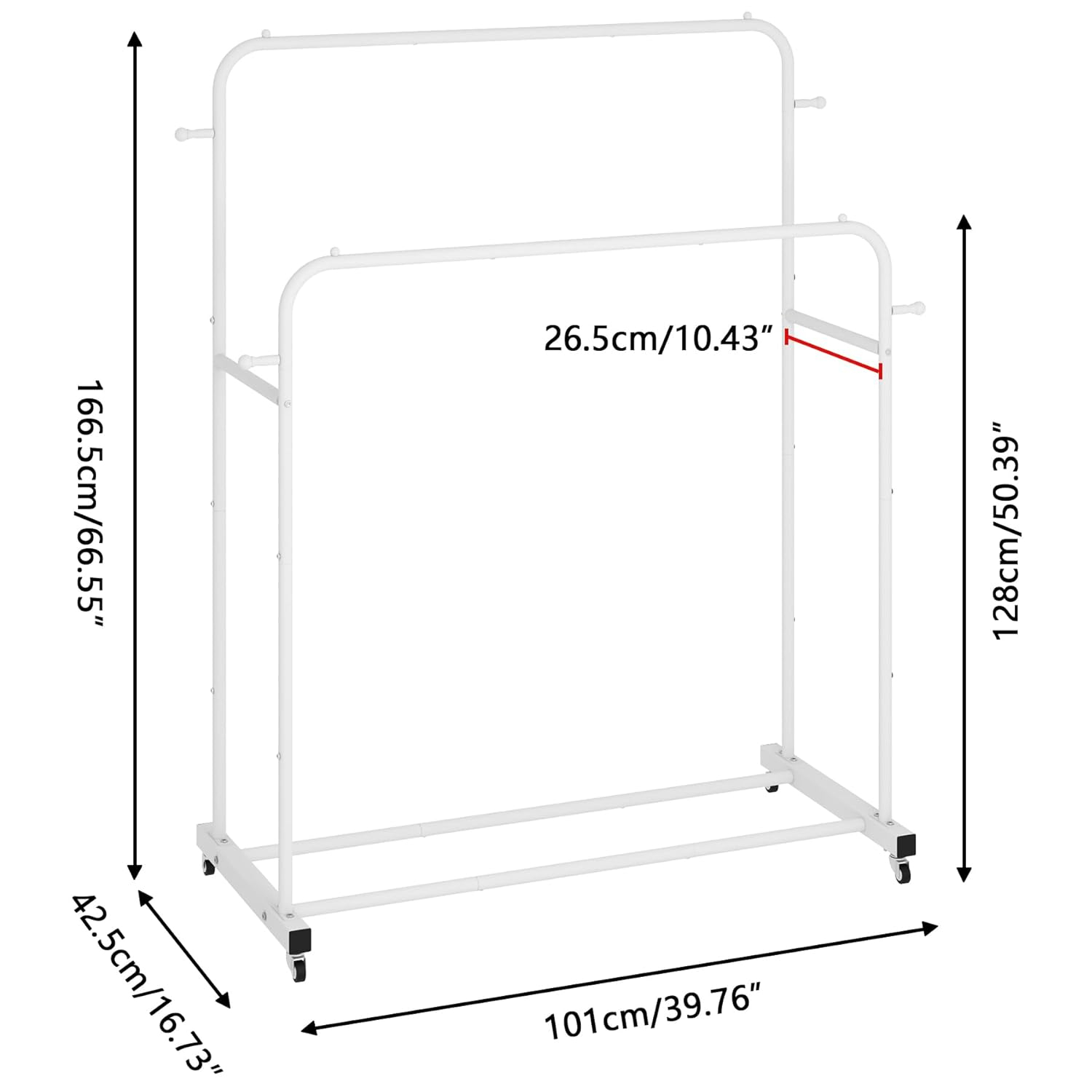Laiensia Double Rods Garment Rack with Wheels, Clothing Rack for Hanging Clothes,4 Hooks, Multi-functional Bedroom Clothes Rack, White