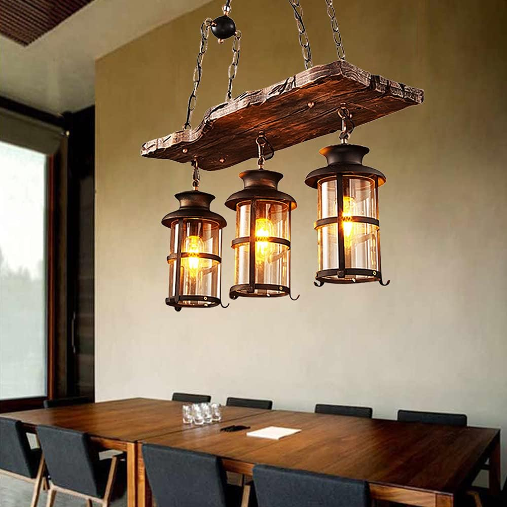 3-Light Rustic Kitchen Island Pendant Lamp Farmhouse Wood Iron Chandelier Industrial Ceiling Hanging Light with Glass Lampshade for Dining Living Room Restaurant Cafe Bar 39.4 x 27 in E26/E27 Base