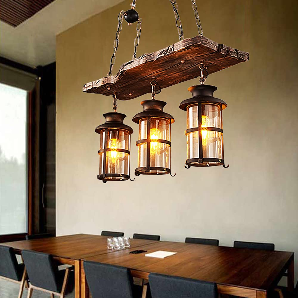 3-Light Rustic Kitchen Island Pendant Lamp Farmhouse Wood Iron Chandelier Industrial Ceiling Hanging Light with Glass Lampshade for Dining Living Room Restaurant Cafe Bar 39.4 x 27 in E26/E27 Base