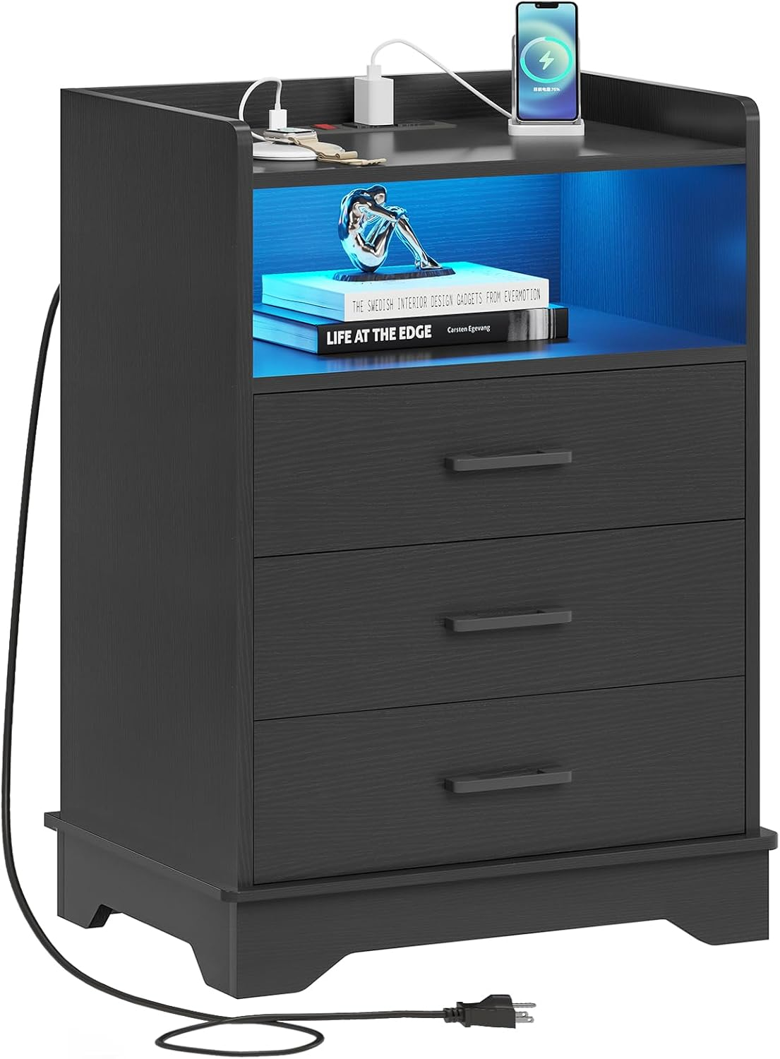 Afuhokles Black LED Nightstand with Charging Station, Night Stand 3 Drawers with Open Storage, Side Table with USB Ports and Outlets