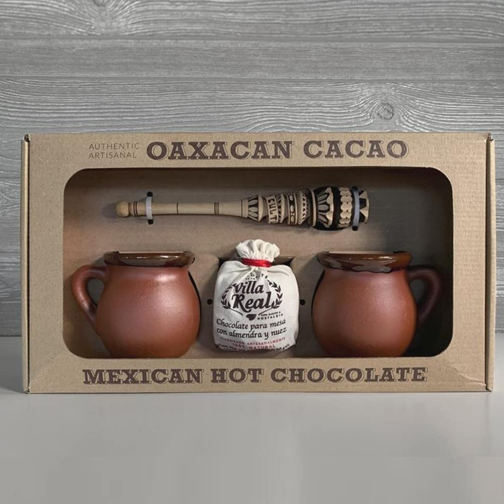 Traditional Mexican Hot Chocolate Gift Set with Clay Mugs and Wooden Frother