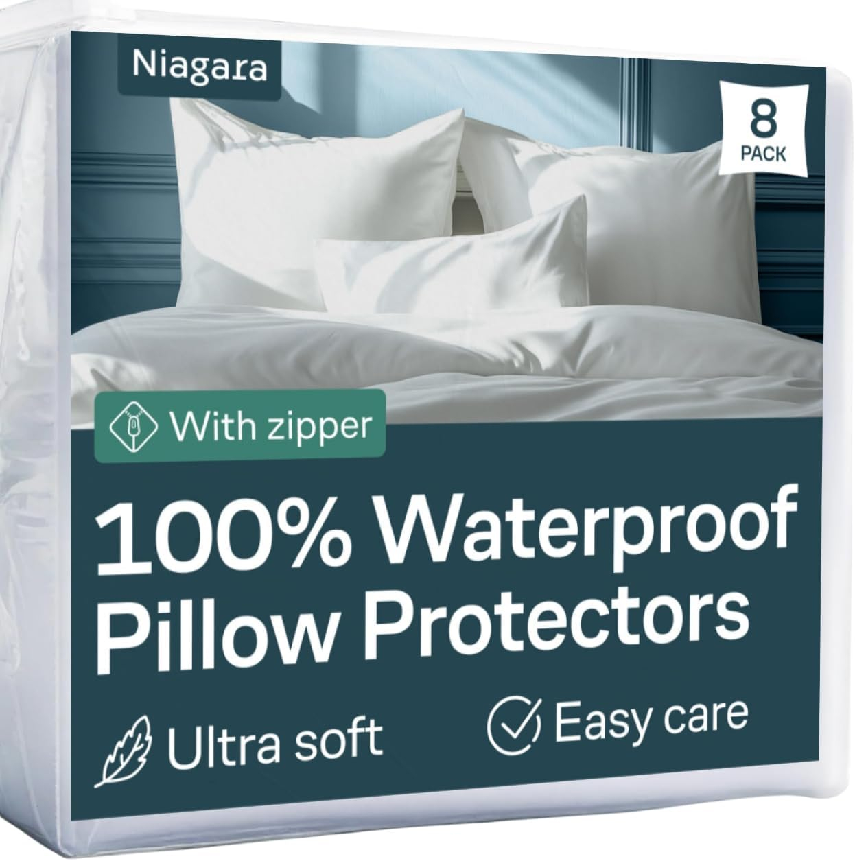 Niagara 4 Pack Waterproof Pillow Protectors King 20x36 Inches Smooth Zipper Premium Encasement Covers Quiet Cases Set White