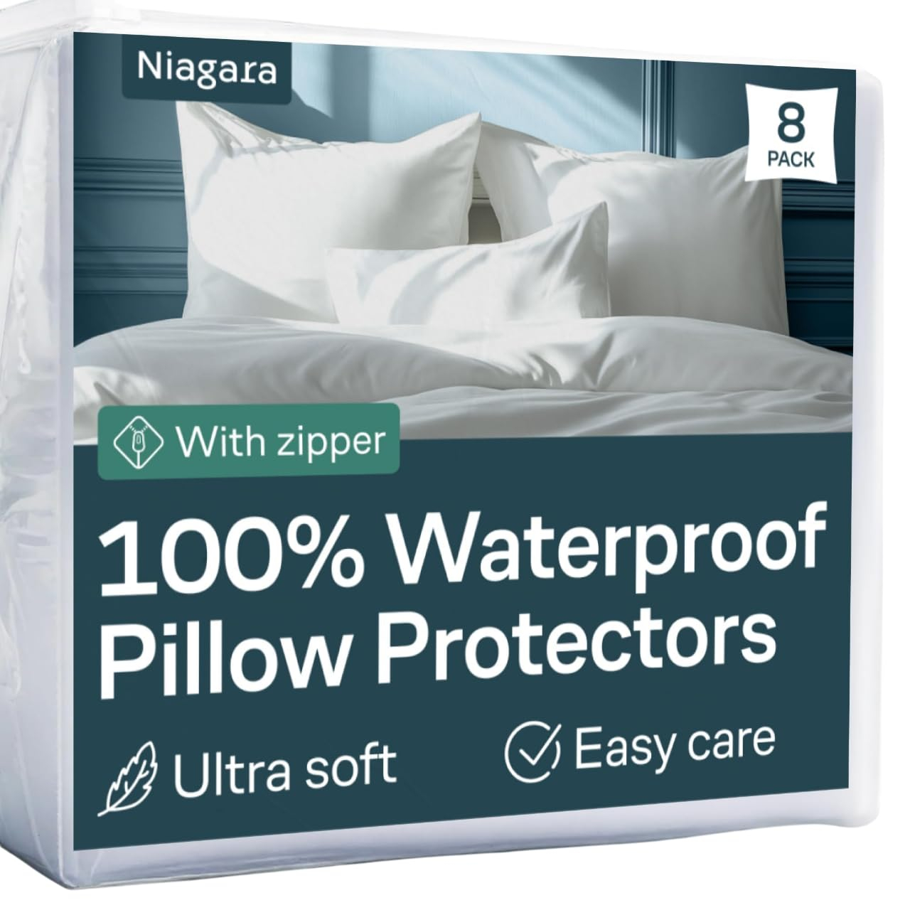 Niagara 4 Pack Waterproof Pillow Protectors King 20x36 Inches Smooth Zipper Premium Encasement Covers Quiet Cases Set White