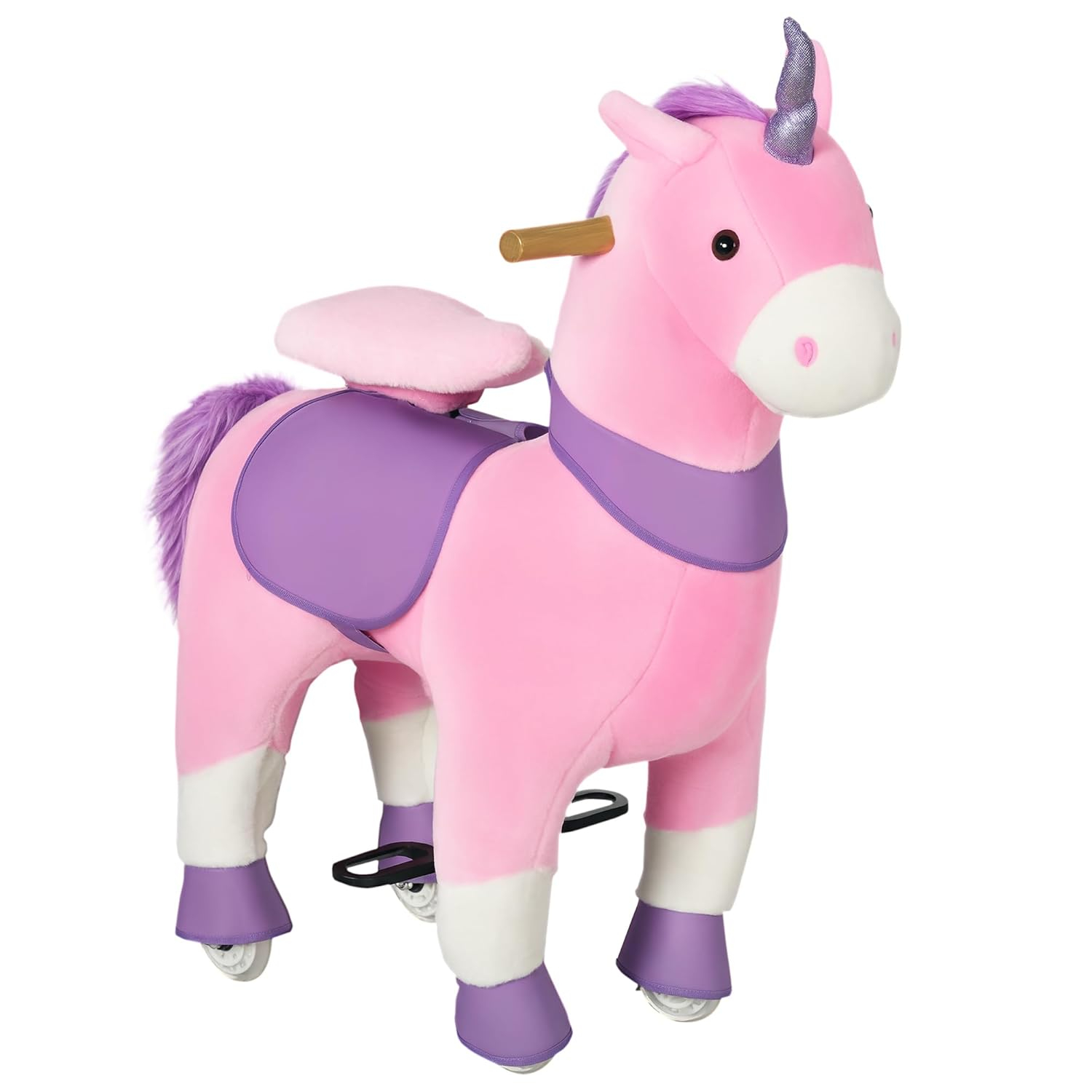 Qaba Ride On Real Walking Unicorn with Sparkly Horn, Soft Plush Ride On Rocking Horse Bearing 176lbs, Imaginative Interactive Toy for Kids, Unicorn Gifts
