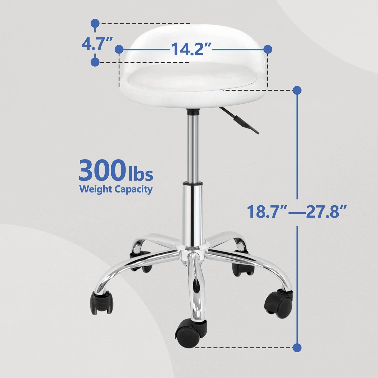 HomGarden Height Adjustable Rolling Swivel Salon Stool, PU Leather Hydraulic Ergonomic Chair with Backrest Wheels for Office Work Tattoo Massage Facial Spa Manicure Dentist Clinic, White