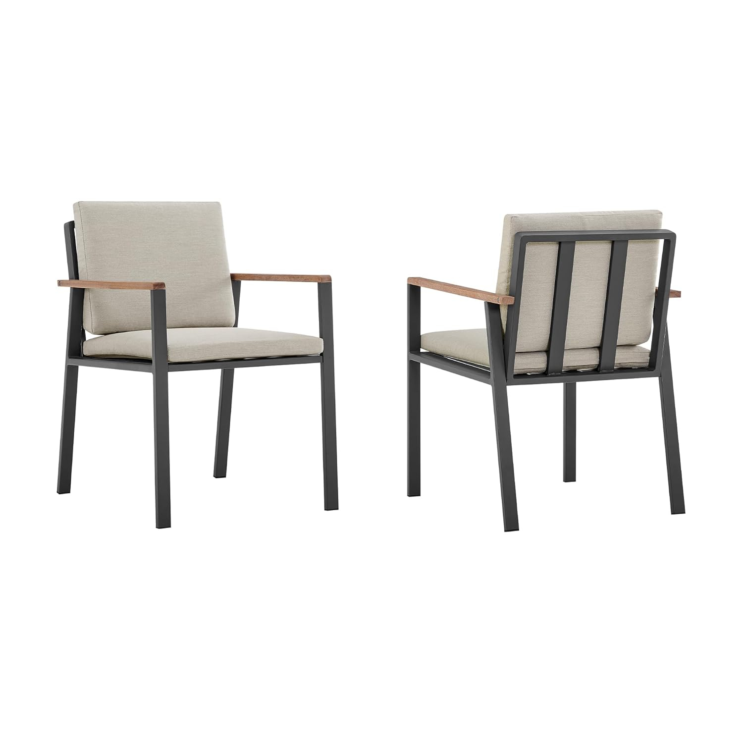 Armen Living Nofi Outdoor Patio Dining Chair in Charcoal Finish with Taupe Cushions and Teak Wood Accent Arms  - Set of 2