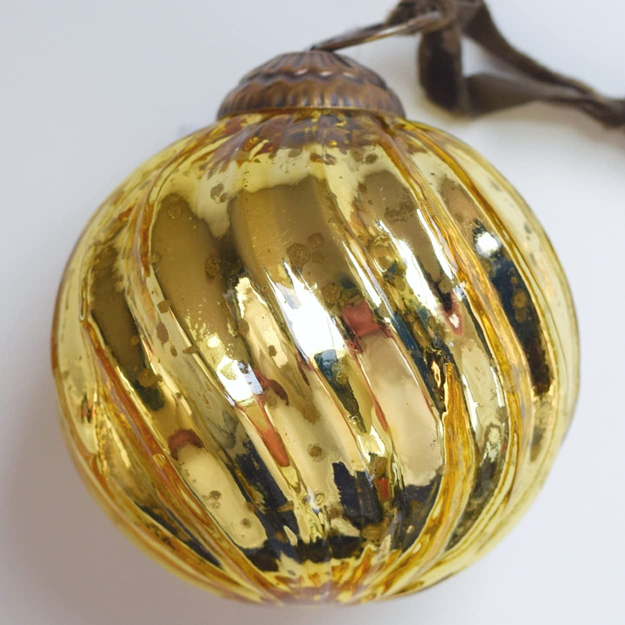 Set of 4 Gold Mercury Glass Ornaments (3.15" Classic Twist Ball) Perfect for Christmas Tree, Hanging Holiday Decoration, Gifts & Home Decor