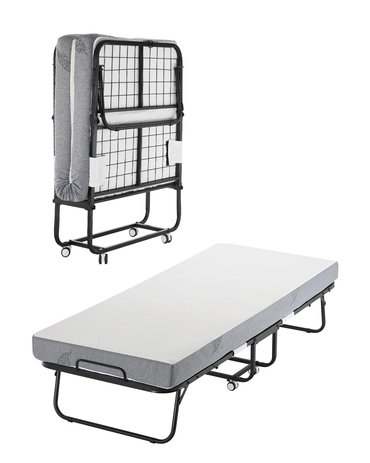 Rollaway Bed, Black Metal Frame, Outdoor Rocking Chair with White Cushion, 31 x 75 in. Folding Bed with 5 in. Mattress