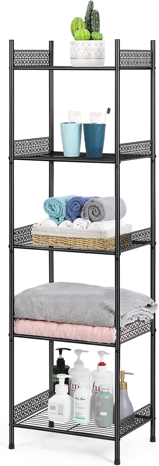 5-Tier Bathroom Storage Shelf, Heavy Duty Wire Shelving Unit Free Standing Towel Rack Organization for Kitchen Bathroom Laundry, Black