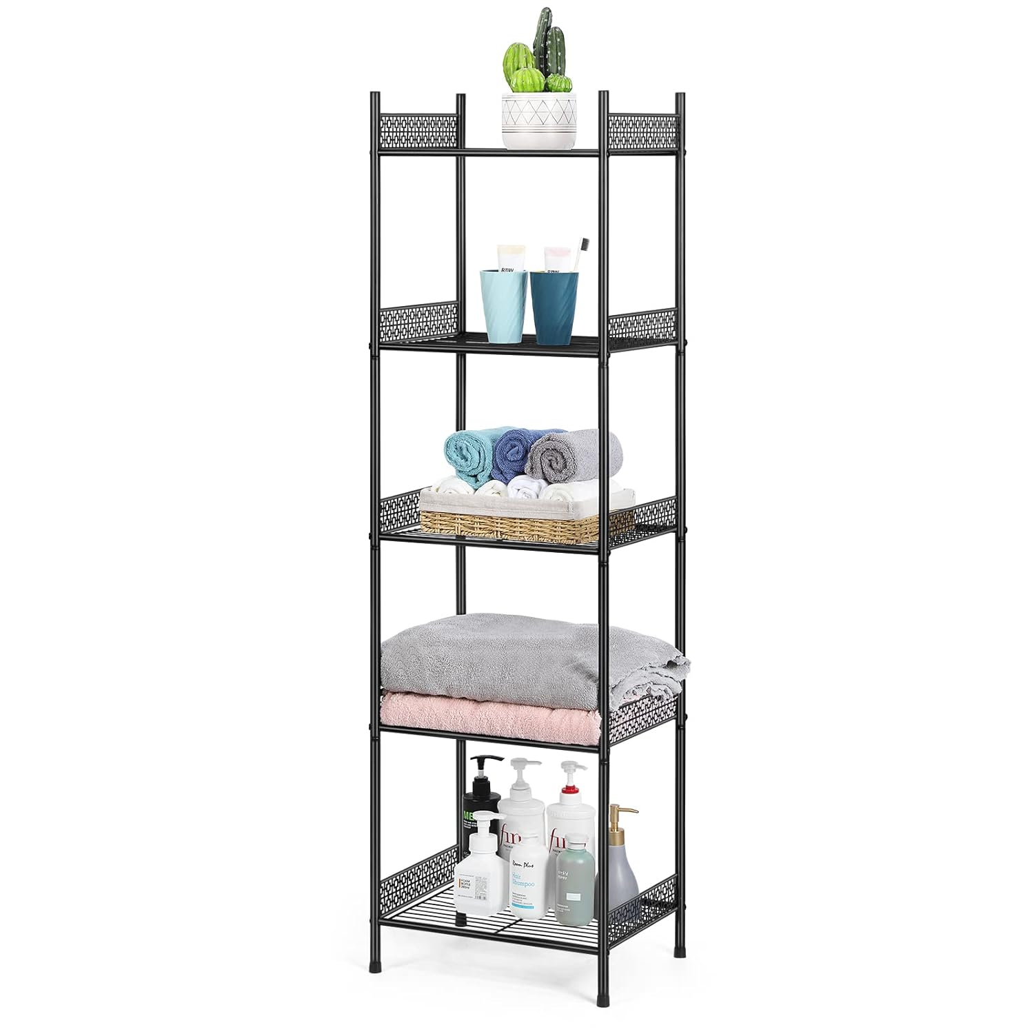 5-Tier Bathroom Storage Shelf, Heavy Duty Wire Shelving Unit Free Standing Towel Rack Organization for Kitchen Bathroom Laundry, Black