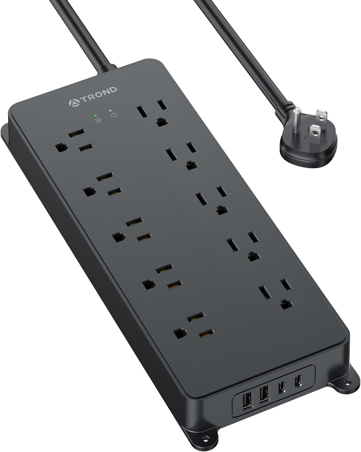 TROND Power Strip Surge Protector, 4000J, ETL Listed, 15A, 10 Widely Spaced Outlets with 4 USB Ports, Flat Plug 5ft Extension Cord, Wall Mountable, 14AWG Heavy Duty, for Home Office Garage, Black