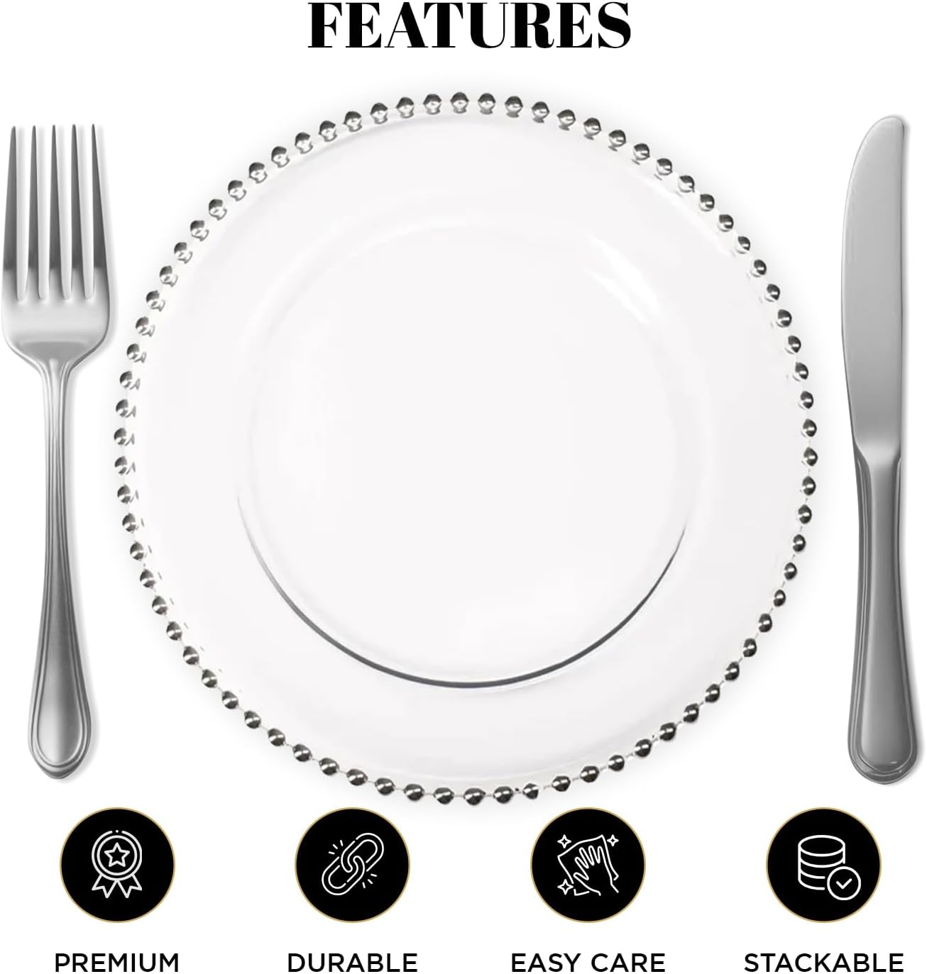 Handcrafted Silver Glass Beaded Charger Plates, 13-inch, Set of 8