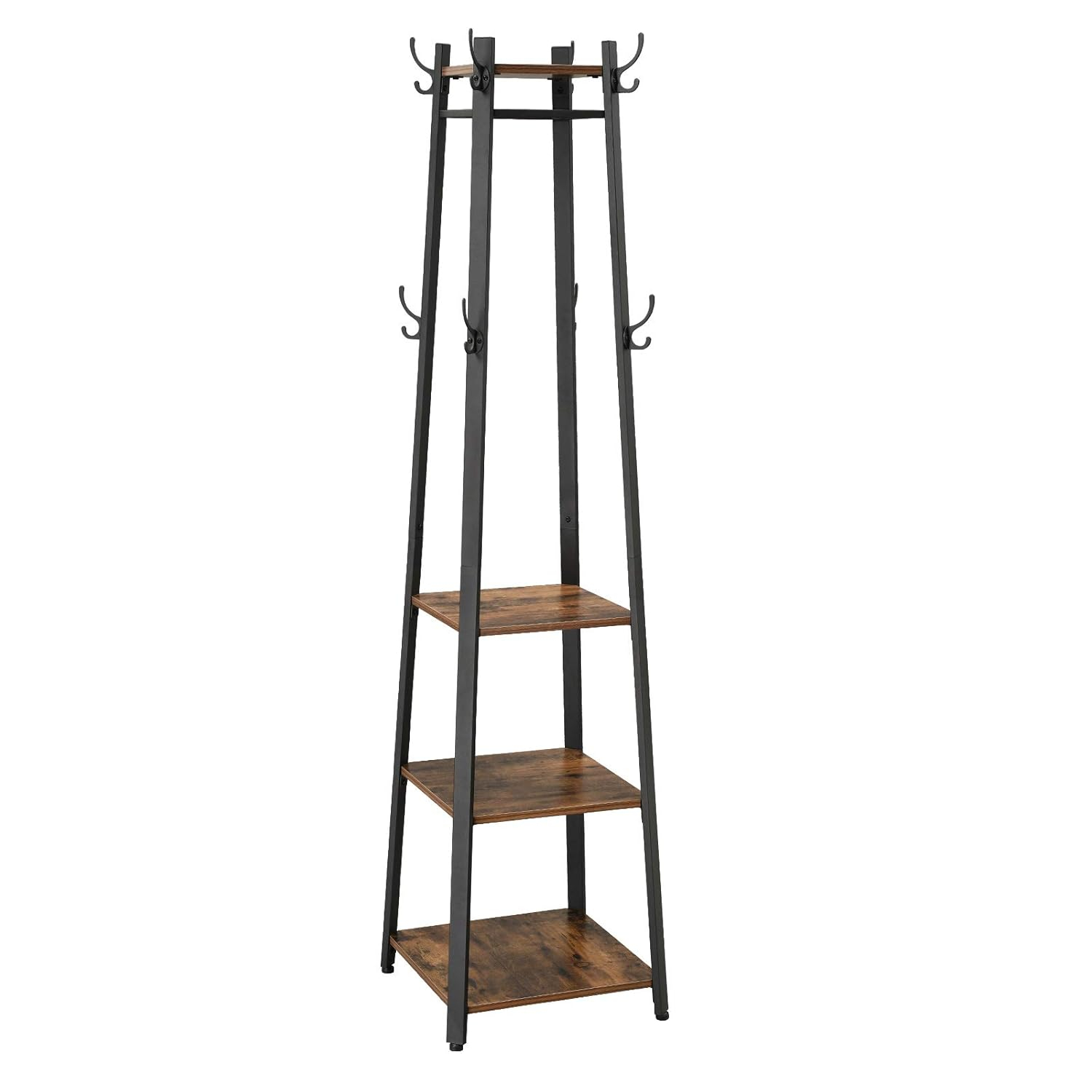 8 Hooks Coat Rack Stand with 3 Shelves Coat Tree for Entryway Bedroom Living Room Rustic Brown and Black