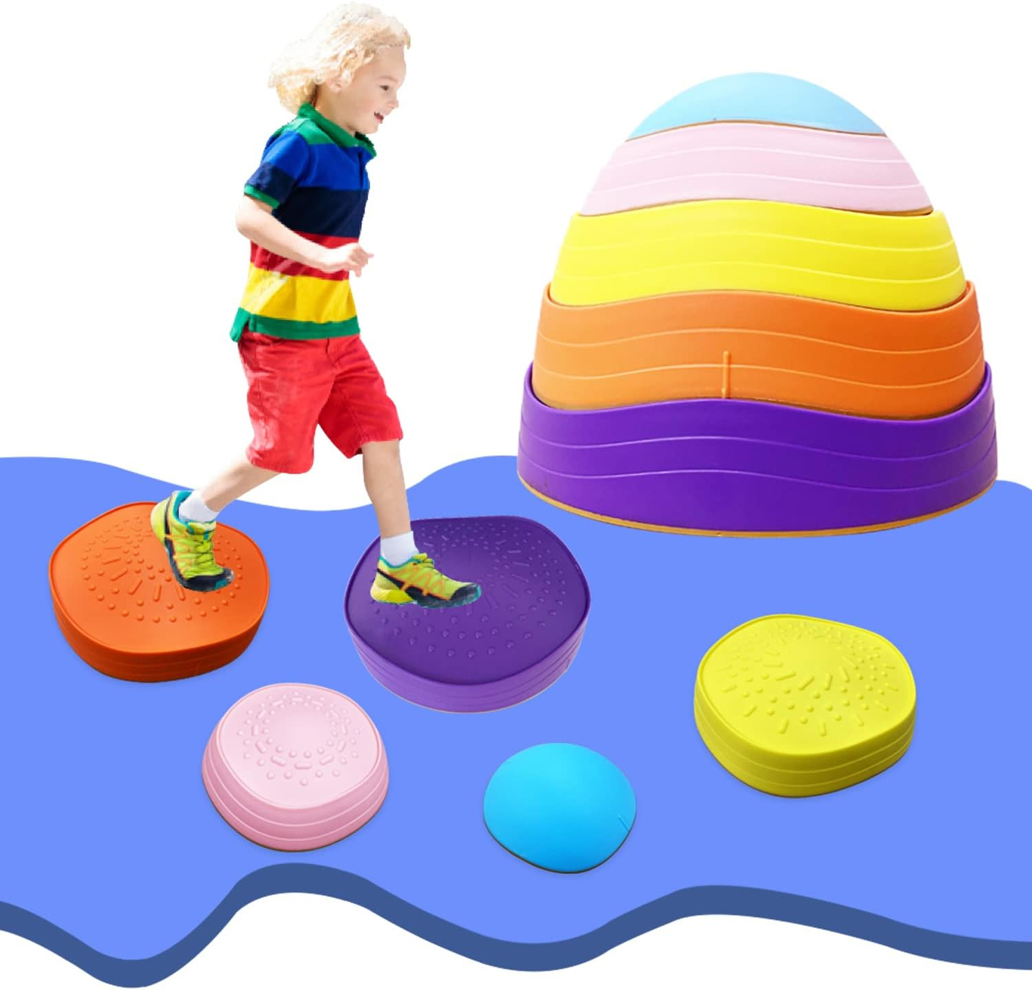 5 Pcs Stepping Stones for Kids, Balance River Stones Toy for Toddlers, Non-Slip Rubber Edges & Plastic Surface, Children's Sensory Obstacle Courses