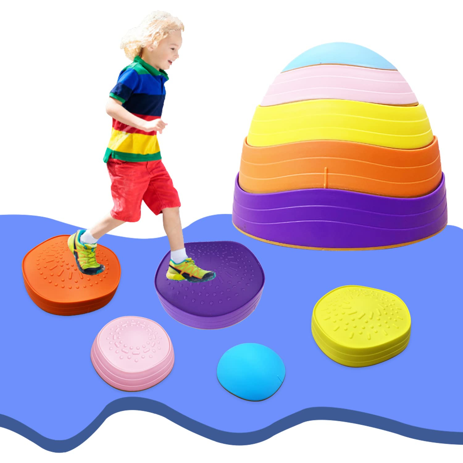 5 Pcs Stepping Stones for Kids, Balance River Stones Toy for Toddlers, Non-Slip Rubber Edges & Plastic Surface, Children's Sensory Obstacle Courses