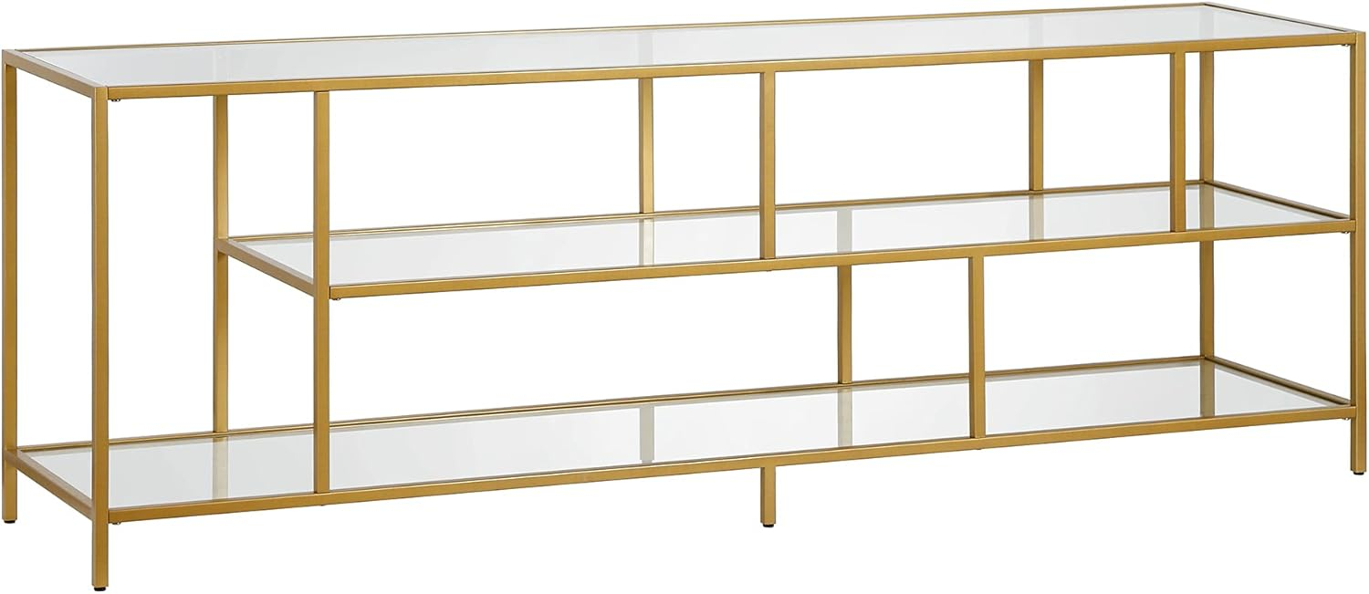 Evelyn&Zoe Winthrop Rectangular TV Stand with Glass Shelves for TV's up to 75", Brass