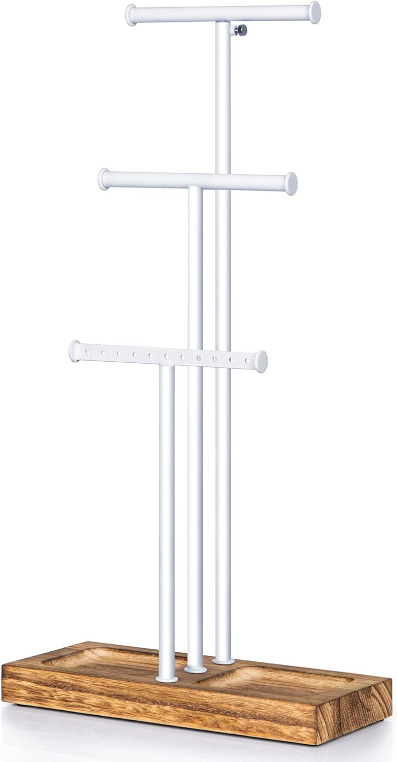 Jewelry Tree Stand White Metal and Wood Base Large Storage Jewelry Organizer for Necklaces Bracelets Earrings Holder Organizer Jewelry Display Mother's Day Gift White and White