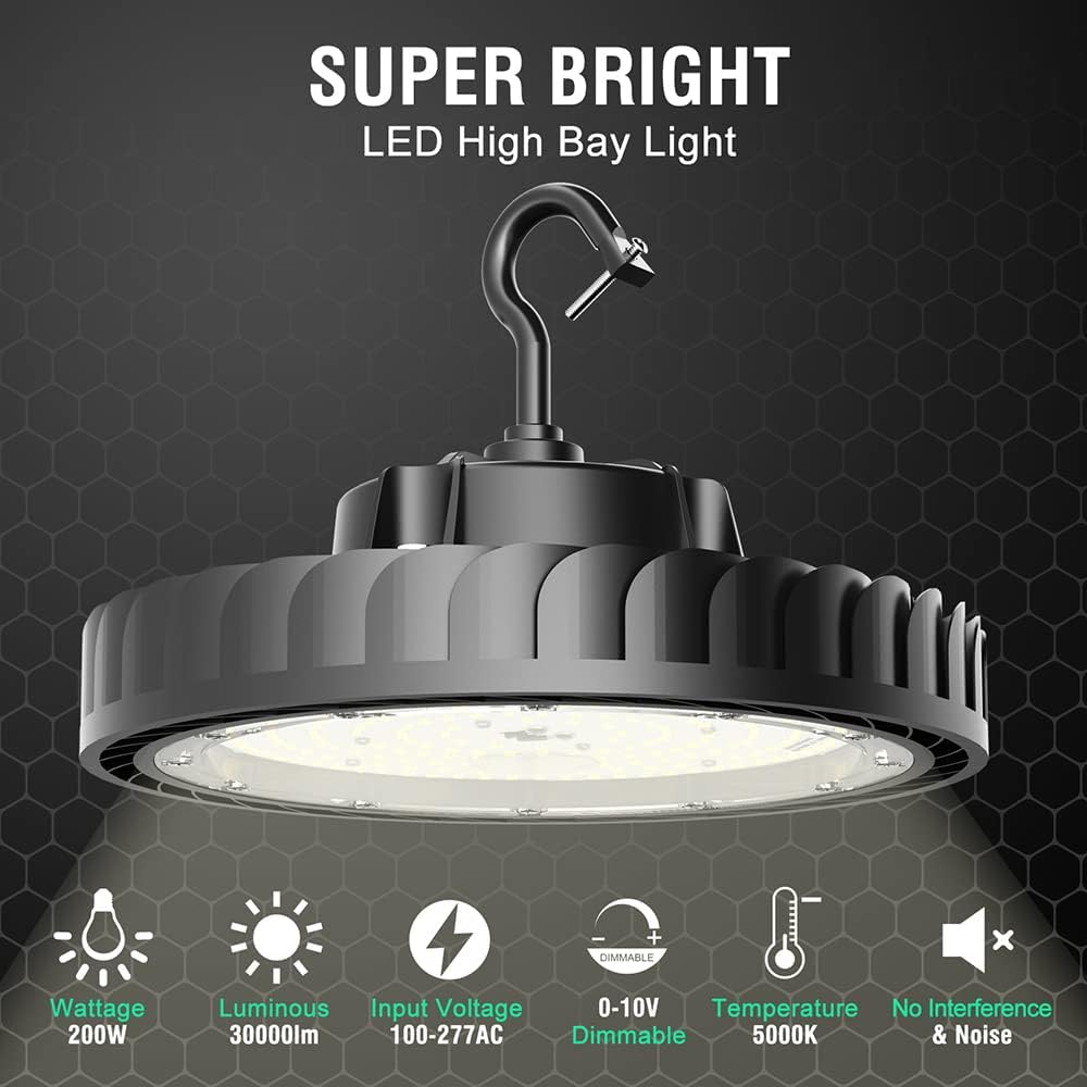 UFO Led High Bay Light 200W 4Pack 30000LM Eqv.800W MH/HPS,High Bay LED Shop Lights 5000K 0-10V Dimmable,High Bay Light for Warehouse Workshop Factory