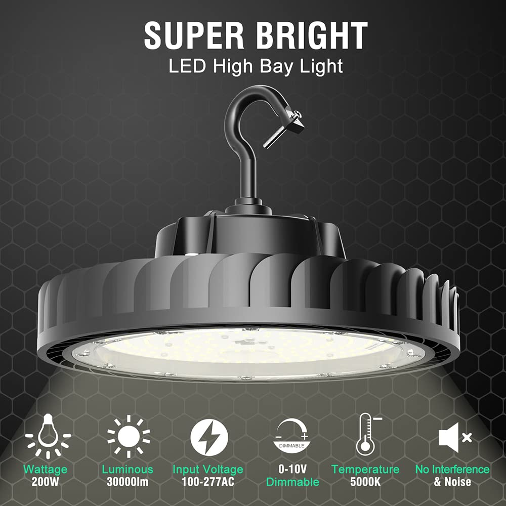 UFO Led High Bay Light 200W 4Pack 30000LM Eqv.800W MH/HPS,High Bay LED Shop Lights 5000K 0-10V Dimmable,High Bay Light for Warehouse Workshop Factory