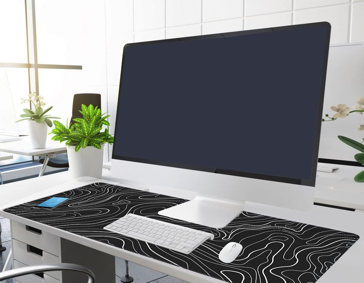 Mouse Pad Gaming Mousepad 31.5 x 11.8in Large Mouse Pad for Keyboard and Mouse with Anti-Slip Rubber Base, Keyboard Pad XL Mouse Mat for Home and Office（Black with White Topographic Line）