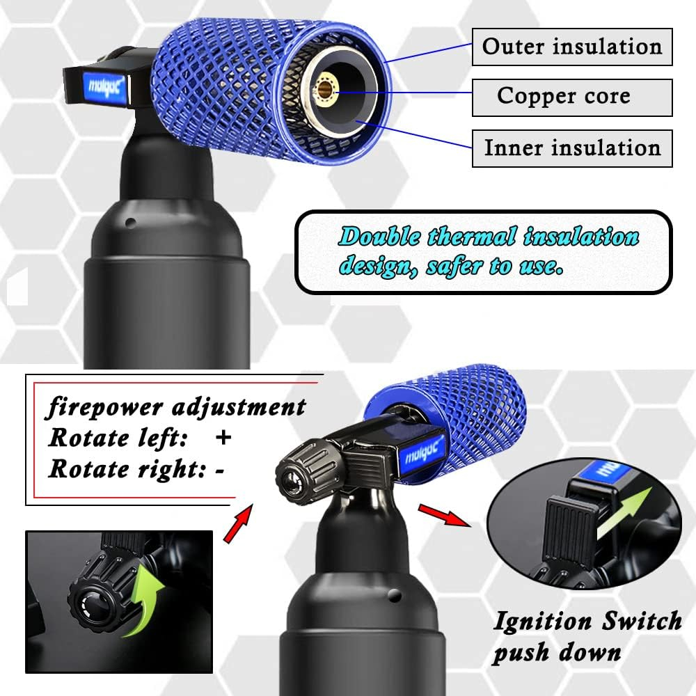 Butane Torch with Anti-scalding Device,Stainless Steel Protective Cover,Refillable Kitchen Torch Lighter,Adjustable Flame Guard. (Butane Gas Not Included,Blue)