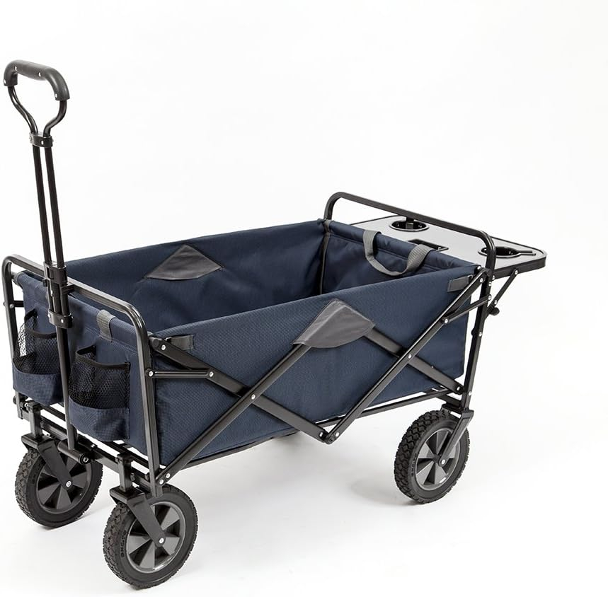 Mac Sports Heavy Duty Steel Frame Collapsible Folding 150 Pound Capacity Outdoor Garden Utility Wagon Yard Cart with Table and Cup Holders, Navy