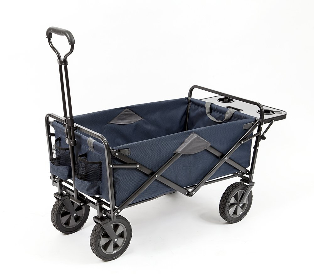 Mac Sports Heavy Duty Steel Frame Collapsible Folding 150 Pound Capacity Outdoor Garden Utility Wagon Yard Cart with Table and Cup Holders, Navy